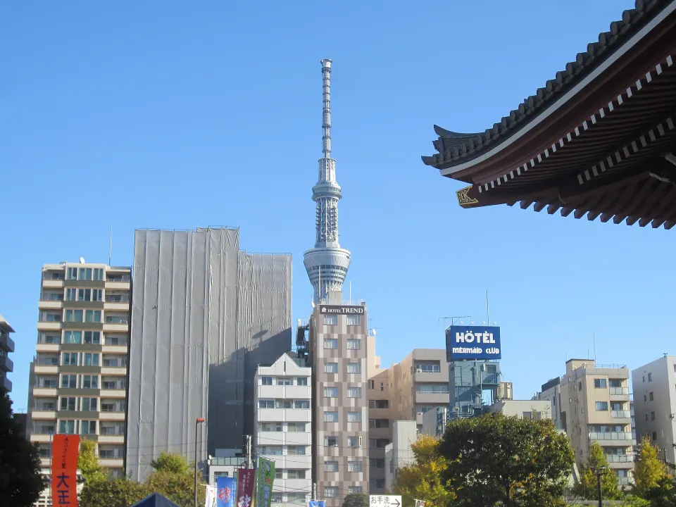 Tokyo Skytree rising behind a temple roof
